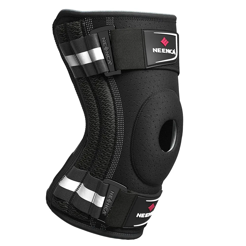 NEENCA knee brace with patella gel pad and side spring stabilizers, front view on leg