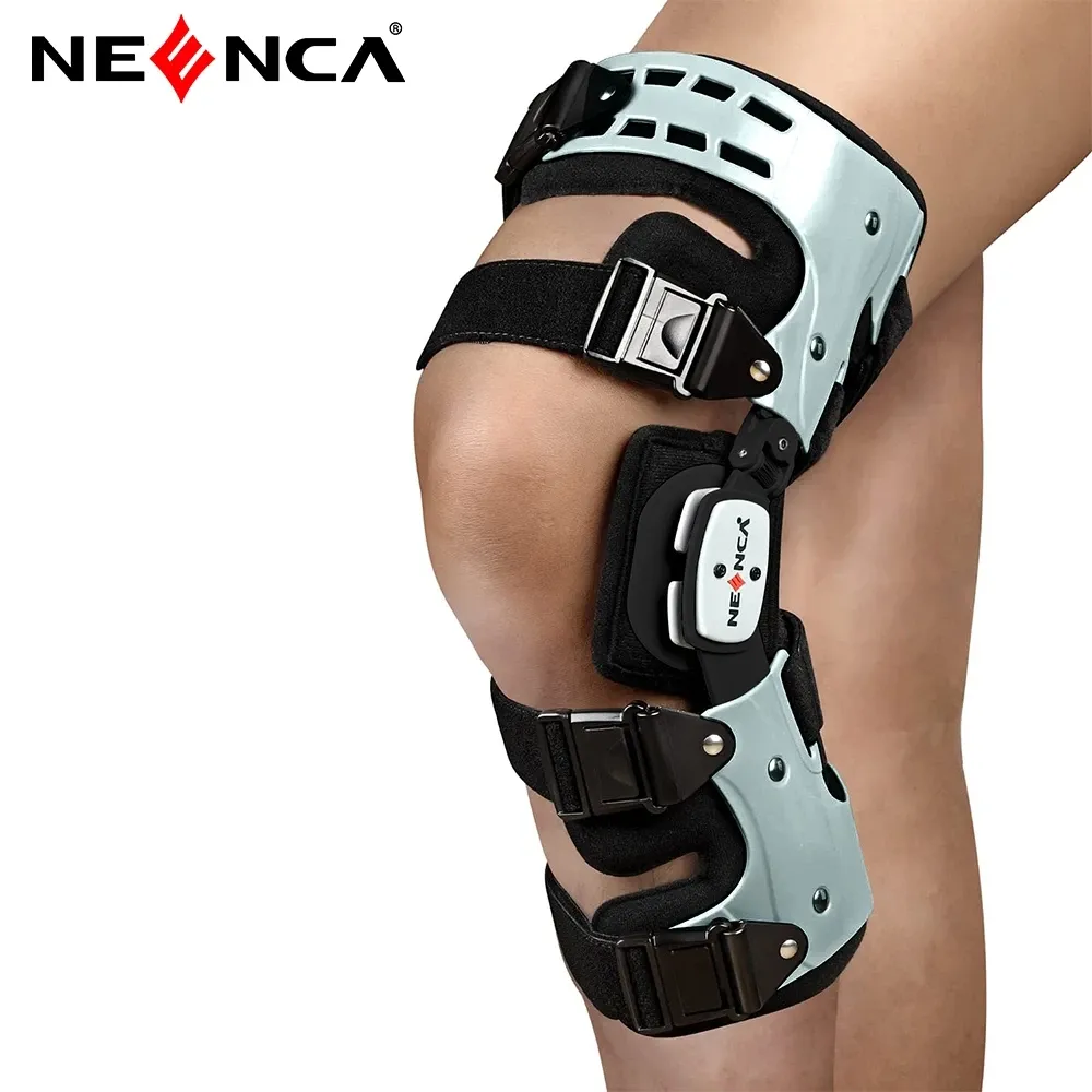 NEENCA Unloader ROM hinged knee immobilizer with locking dials and long side bars, worn on leg