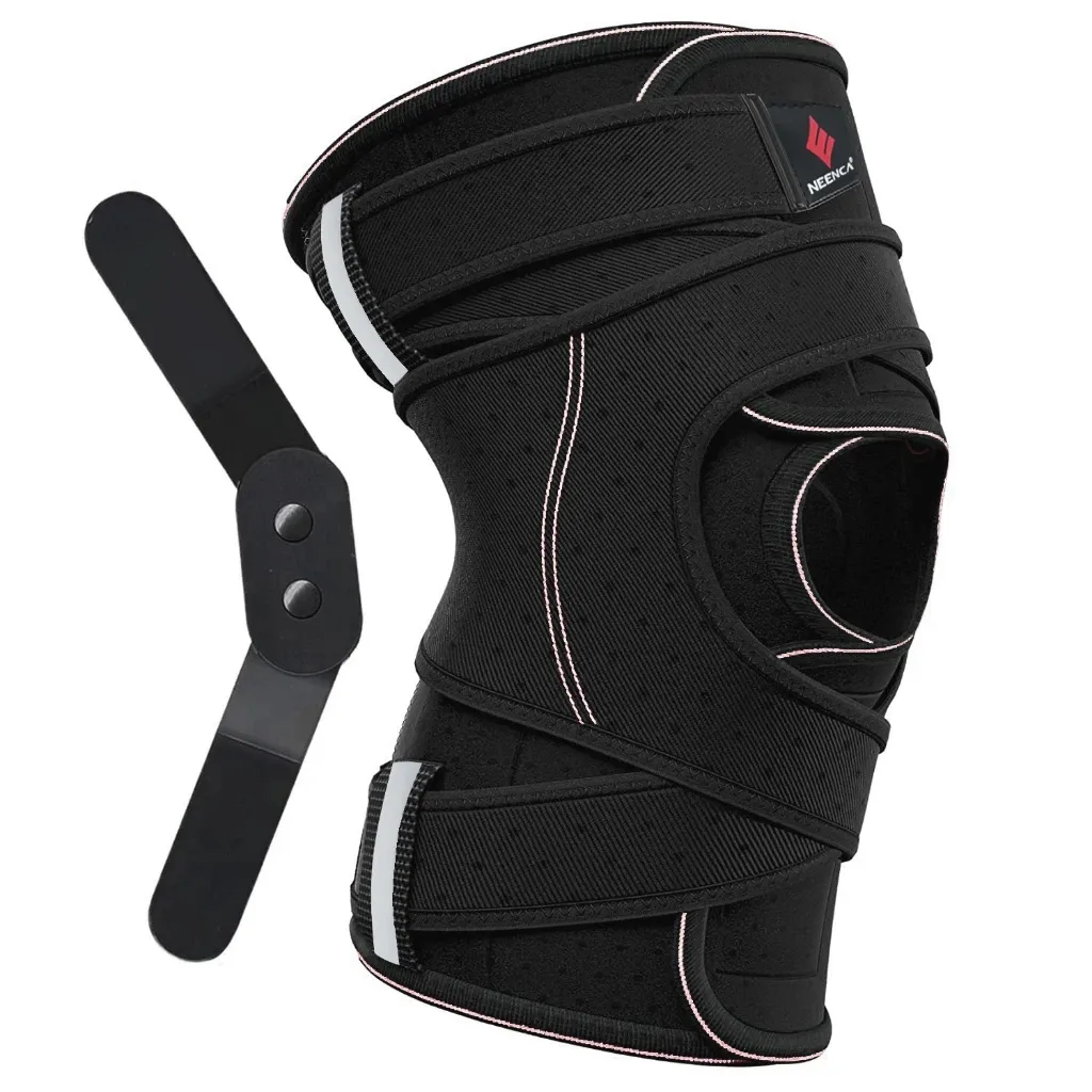 NEENCA wraparound compression knee brace with adjustable straps, open wrap style, worn on leg