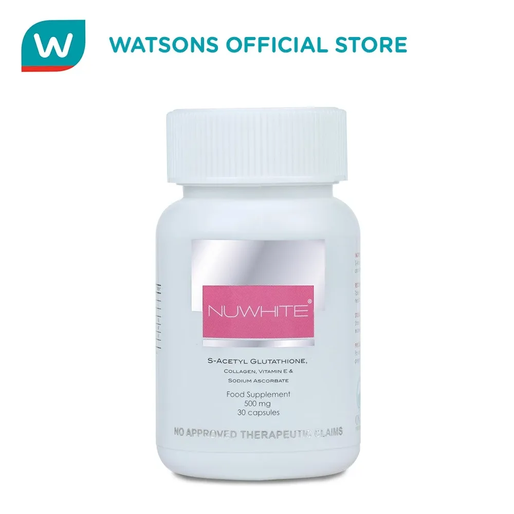 Nuwhite S-Acetyl Glutathione with Collagen 500mg capsule bottle, 30-count, front view