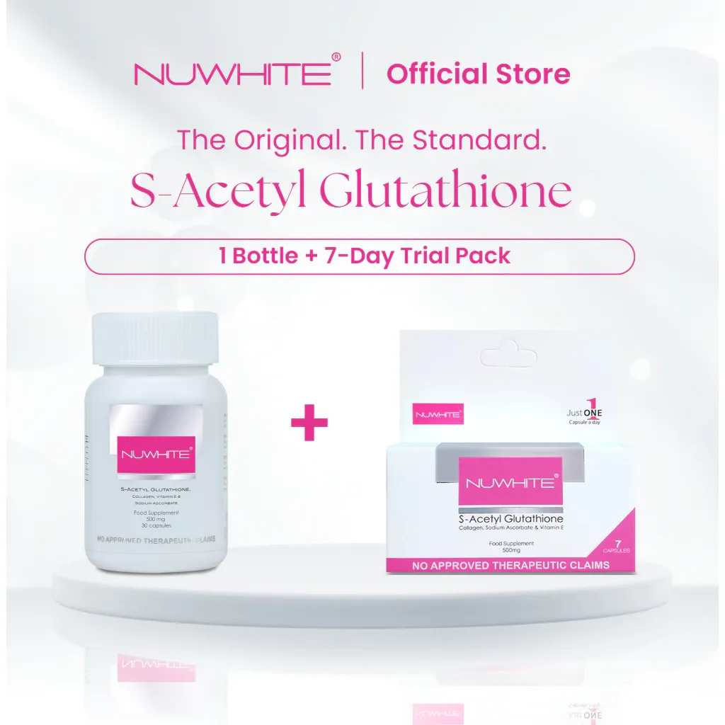 Nuwhite S-Acetyl Glutathione bottle with 7-day trial pack sachets, front view