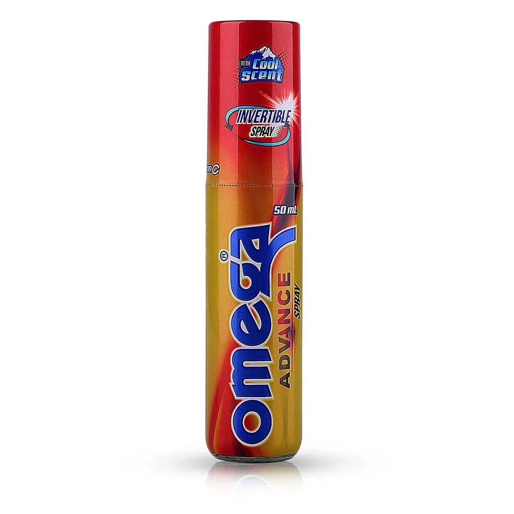 Omega Advance Spray Pain Reliever 50mL bottle with its yellow and red label and spray nozzle, front view
