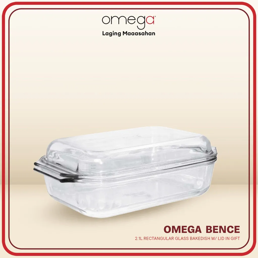 Omega Houseware Bence rectangular borosilicate glass bakedish with a fitted lid and side handles, angled view
