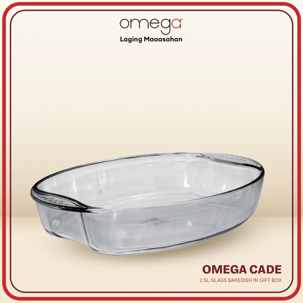 Omega Houseware Cade clear oval glass bakedish, oven and microwave safe, angled view