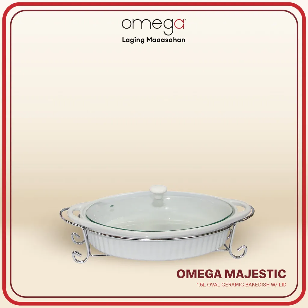 Omega Houseware Majestic oval ceramic bakedish with a matching lid on a metal serving rack, angled view