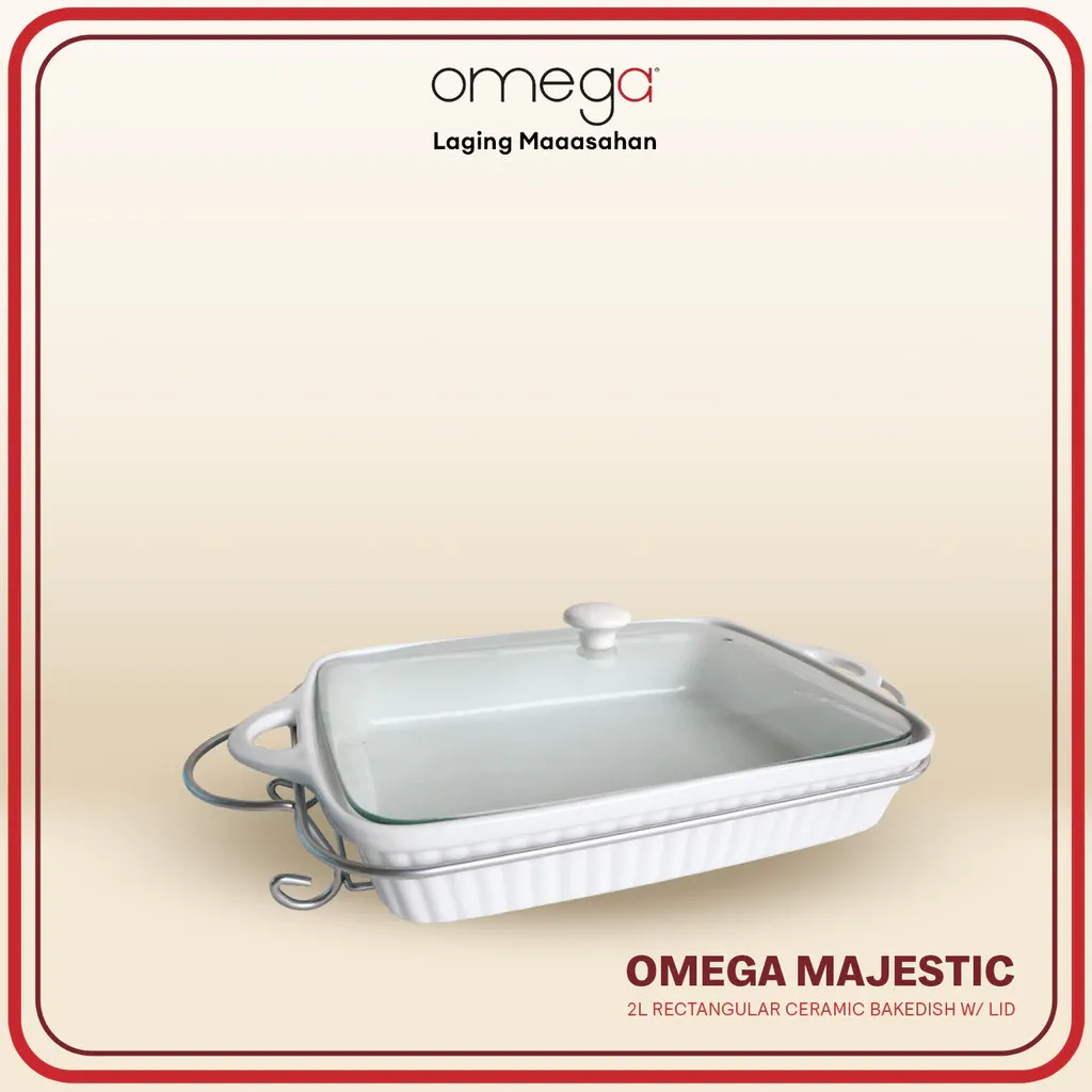 Omega Houseware Majestic rectangular ceramic bakedish with a matching lid sitting on a metal serving rack, angled view