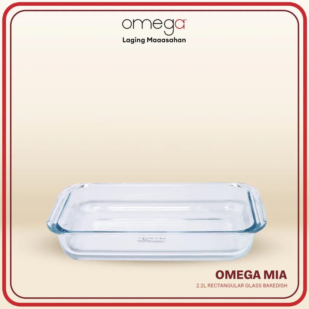 Omega Houseware Mia clear rectangular glass bakedish presented in its gift box, angled view