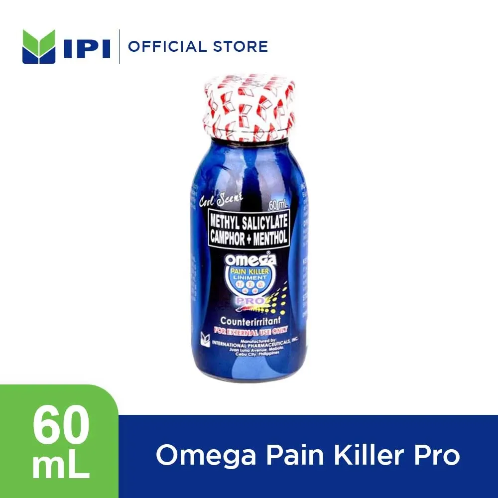 Omega Pain Killer Pro 60mL liniment bottle in blue and white packaging