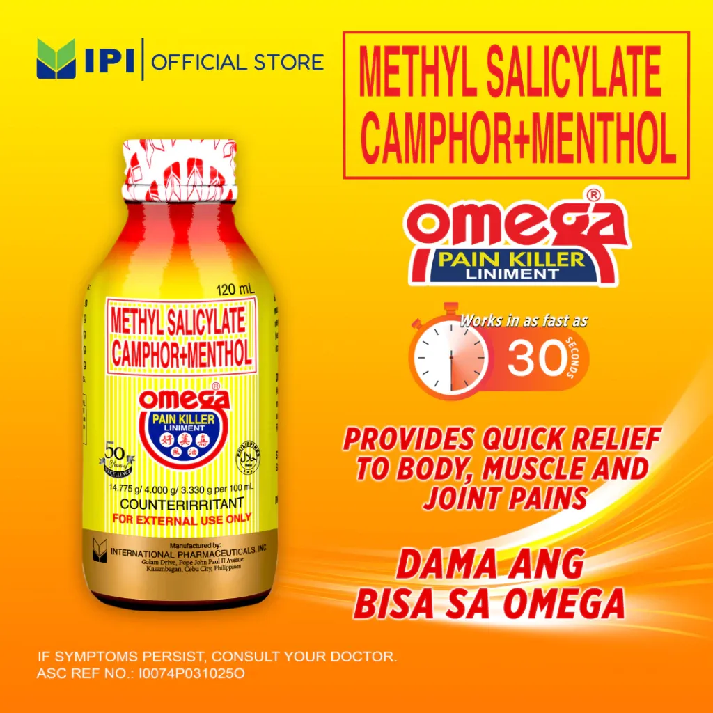 Omega Pain Killer Liniment Regular 120mL bottle with its yellow and red label