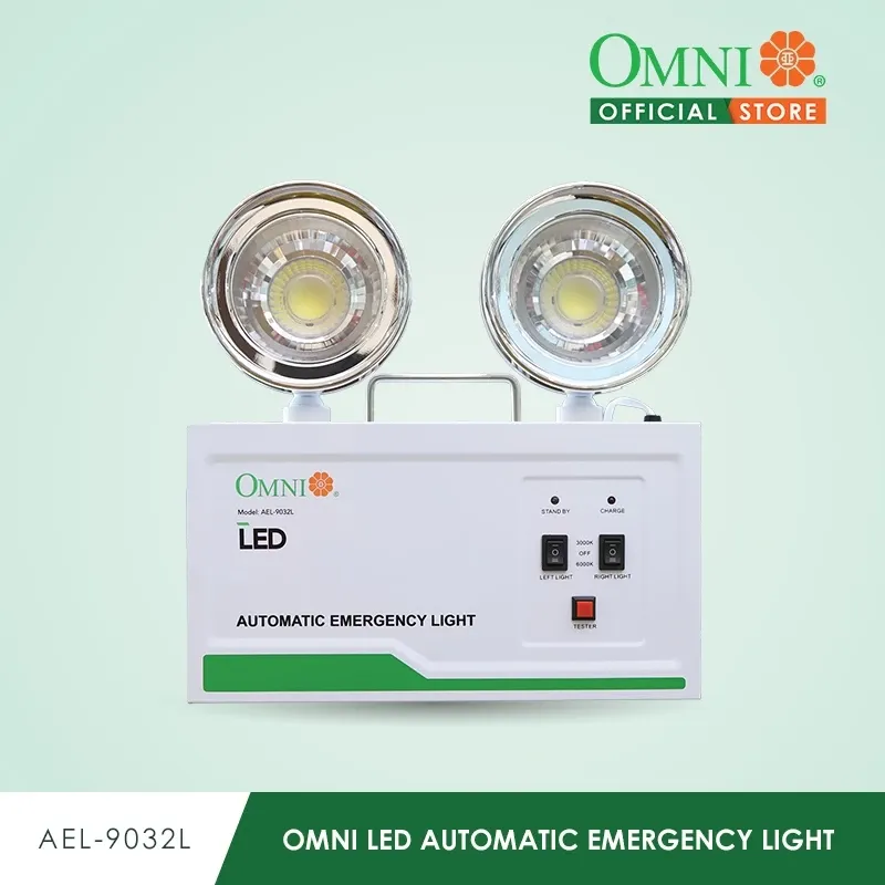 Omni AEL-9032L automatic emergency light with twin adjustable LED lamp heads, front view
