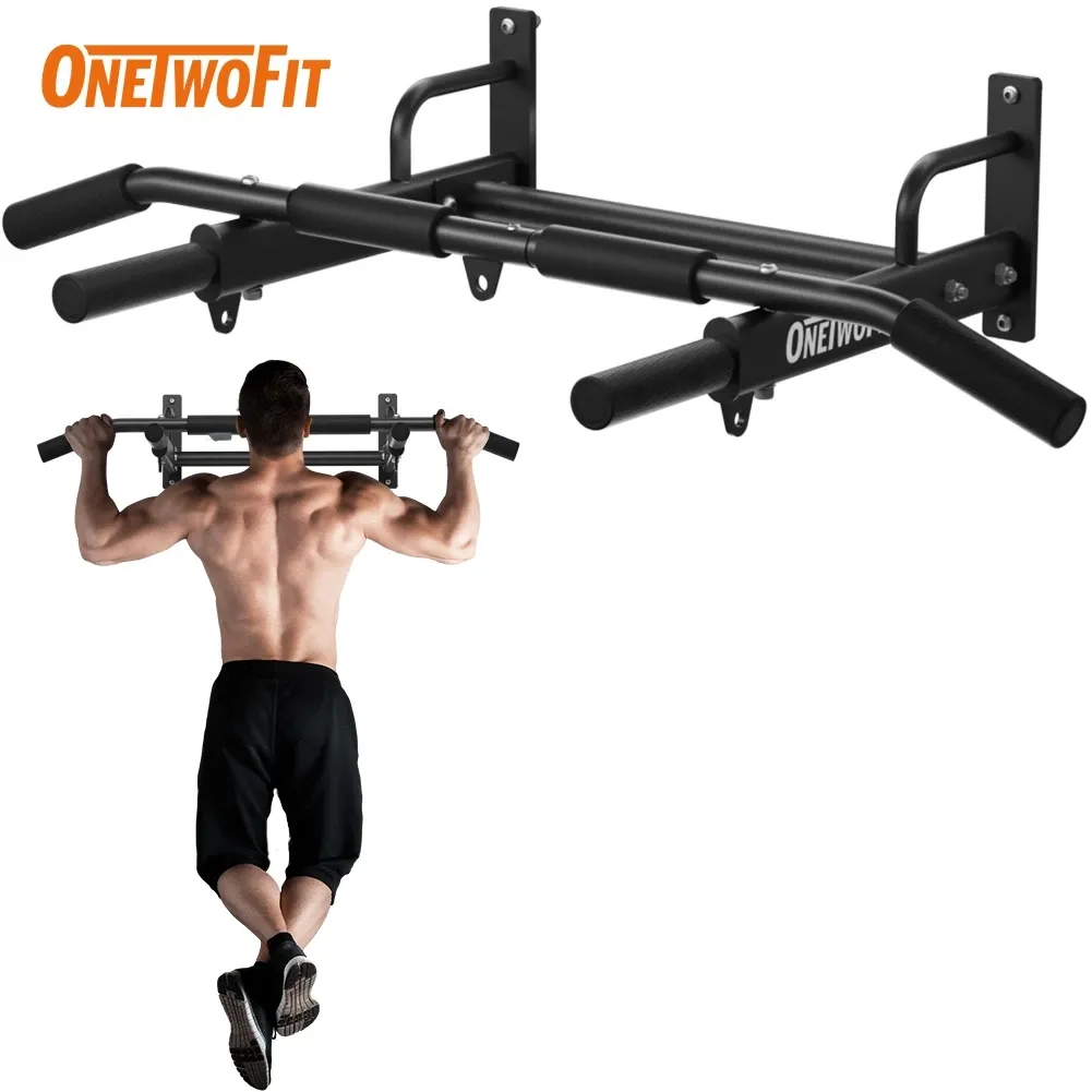 OneTwoFit wall-mounted pull-up bar with six-hole mounting plates, angled view