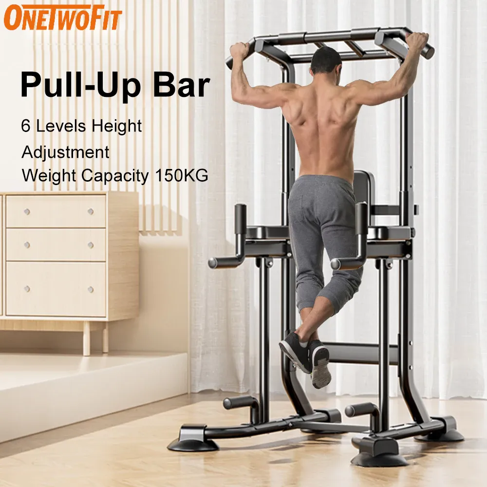 OneTwoFit free-standing pull-up bar station with dip handles, full tower view