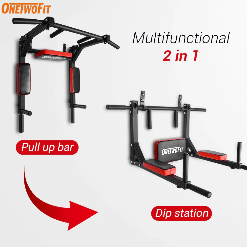OneTwoFit wall-mounted pull-up bar and fitness rack with multiple grips, mounted view
