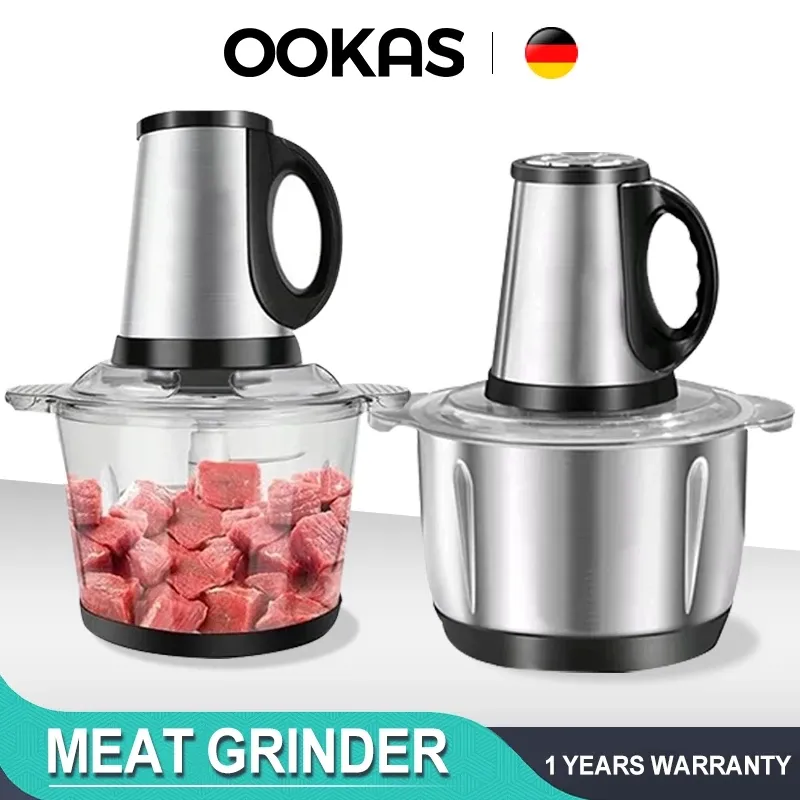 OOKAS 3L-6L electric food processor and meat grinder with glass and stainless steel bowls, front view