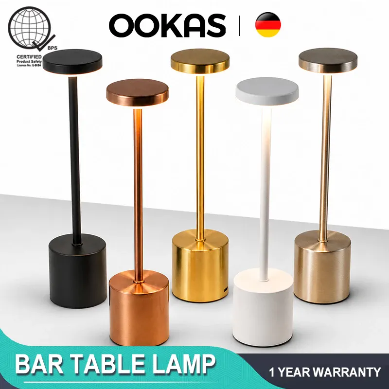 OOKAS bar-style metal LED desk lamp with a slim vertical light bar and weighted round base