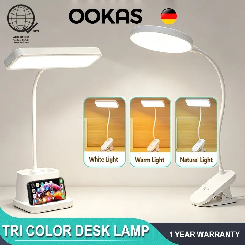 OOKAS LED desk lamp with a pen and phone storage box built into its base, three color modes