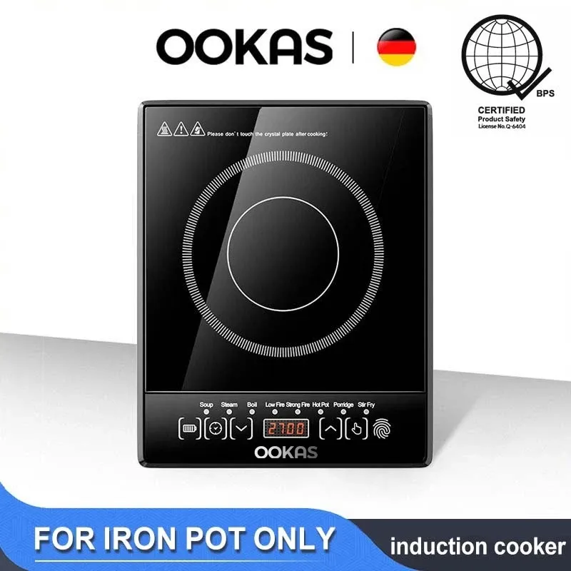 Ookas inverter induction cooker with a black glass top and touch panel
