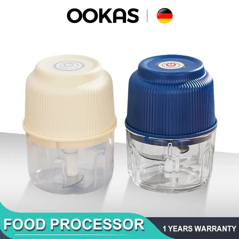 OOKAS portable mini food processor and garlic chopper in ivory and blue, front view