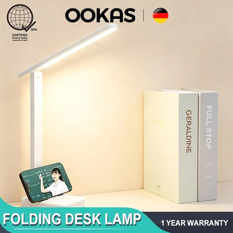 OOKAS foldable USB rechargeable LED desk lamp in white with folding arm and round weighted base, front view
