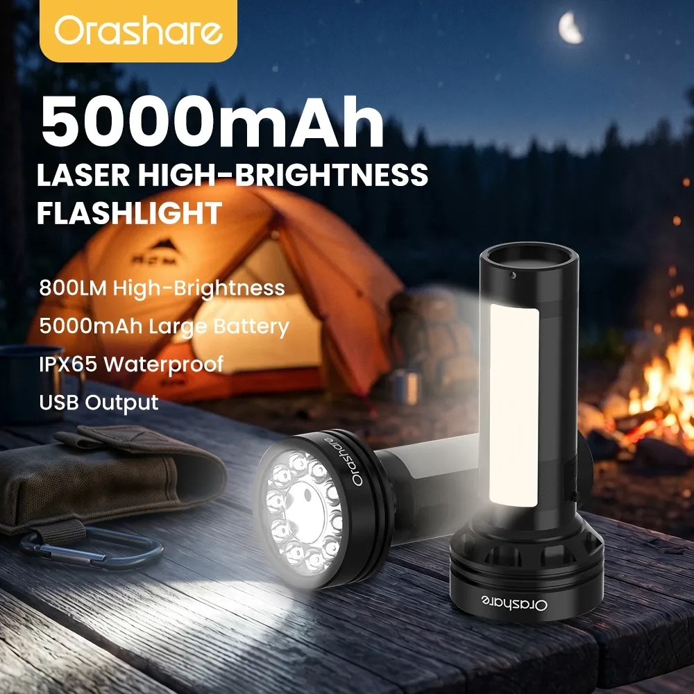Orashare OL28 rechargeable LED flashlight with 5000mAh battery and USB output port