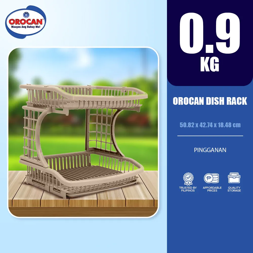 Orocan beige 2-layer plastic dish rack pingganan with slotted plate shelves and open sides, angled view on a wooden counter