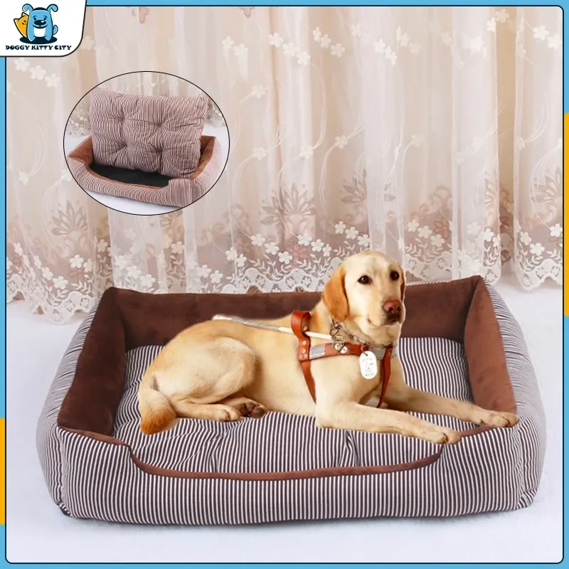 Large washable dog bed with thick cotton cushion and non-slip base, shown in grey