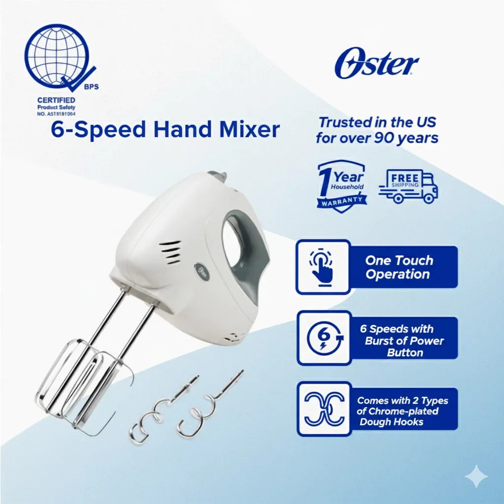 Oster 6-speed hand mixer with chrome-plated beaters