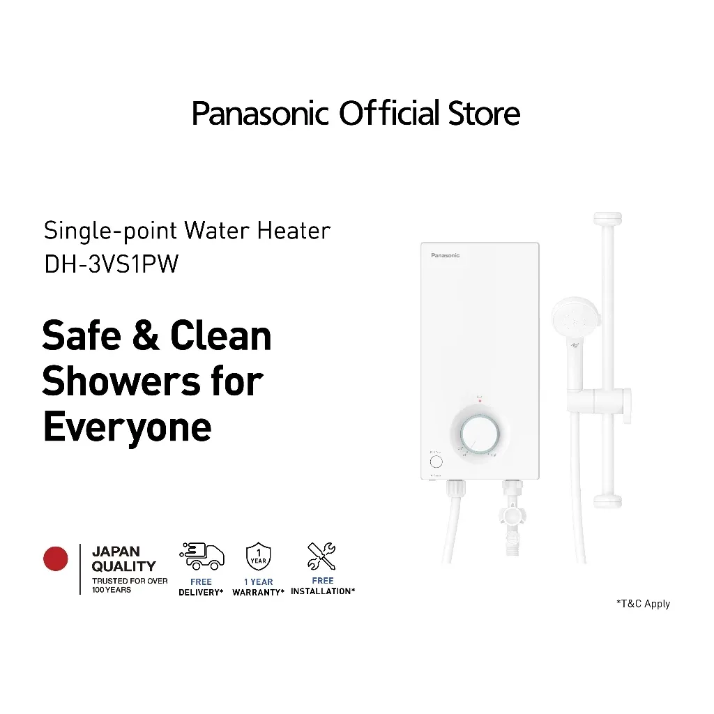 Panasonic DH-3VS1PW 3.5kW single point water heater in white with 3-way shower head, front view