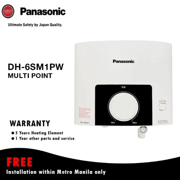 Panasonic DH-6SM1PW 6.0kW multipoint water heater in white with flexible hose