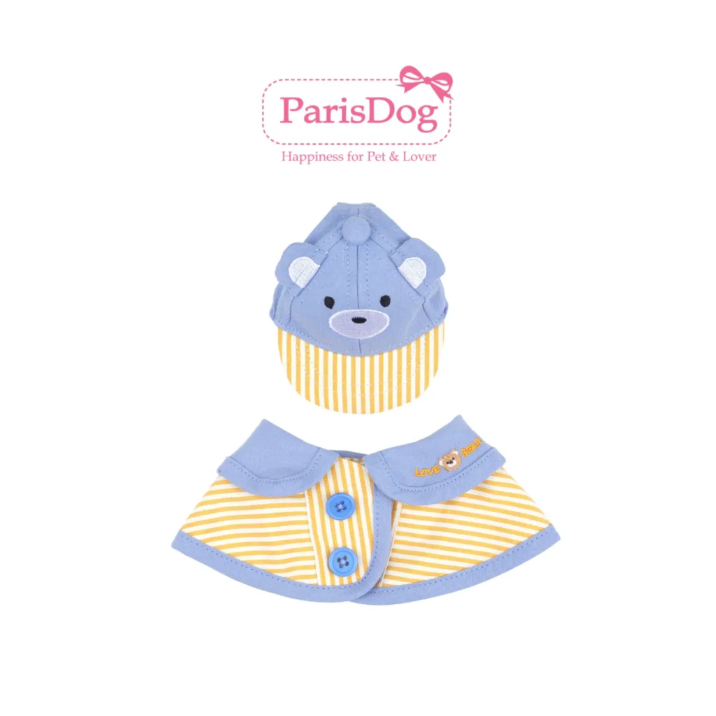 ParisDog yellow-striped bear-themed cape and blue bear-ear cap dog costume set, front view
