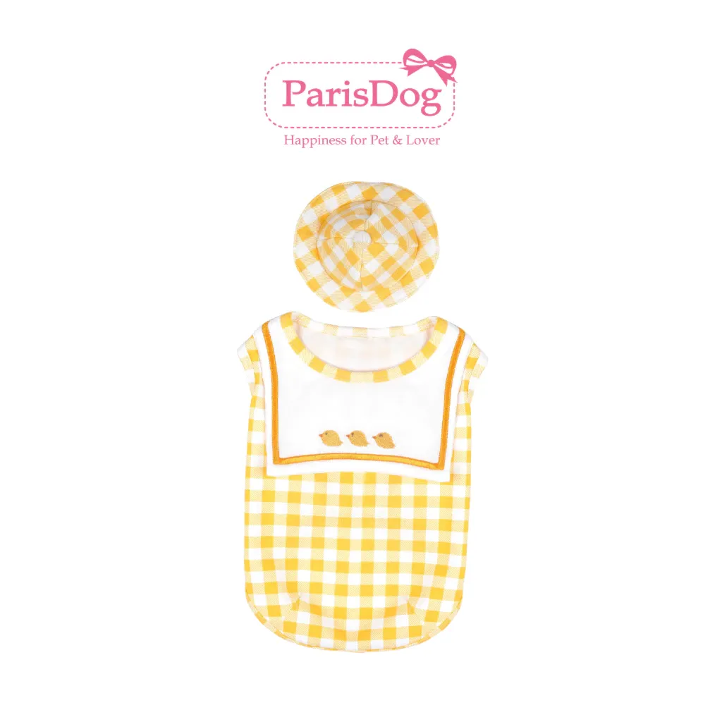 ParisDog Kindergarten T-Shirt Set, a yellow gingham-check dog tee with an embroidered chick motif and a matching gingham bucket hat