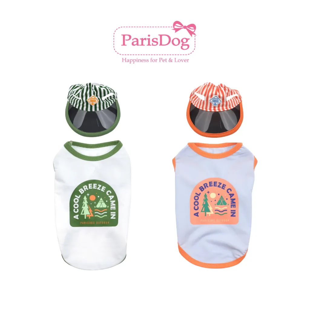 ParisDog Outdoor Breeze Cool T Set, a sleeveless dog tee with a camping-themed patch and a matching striped visor hat, shown in green and orange trim