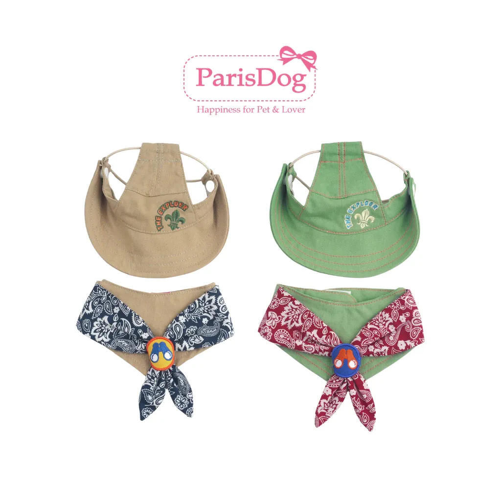 ParisDog explorer-themed dog sun hat and paisley bandana scarf set, khaki and navy colorway