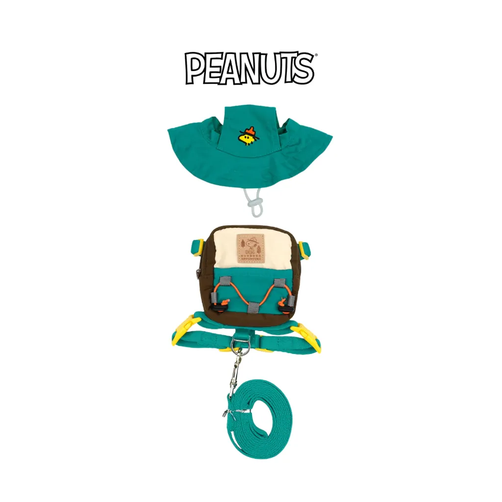 ParisDog Peanuts Adventure teal 2-way dog backpack harness set with detachable pack, sun hat, and leash