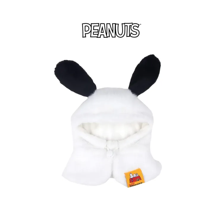 ParisDog Peanuts vintage white plush dog balaclava with black ears and Snoopy tag, front view
