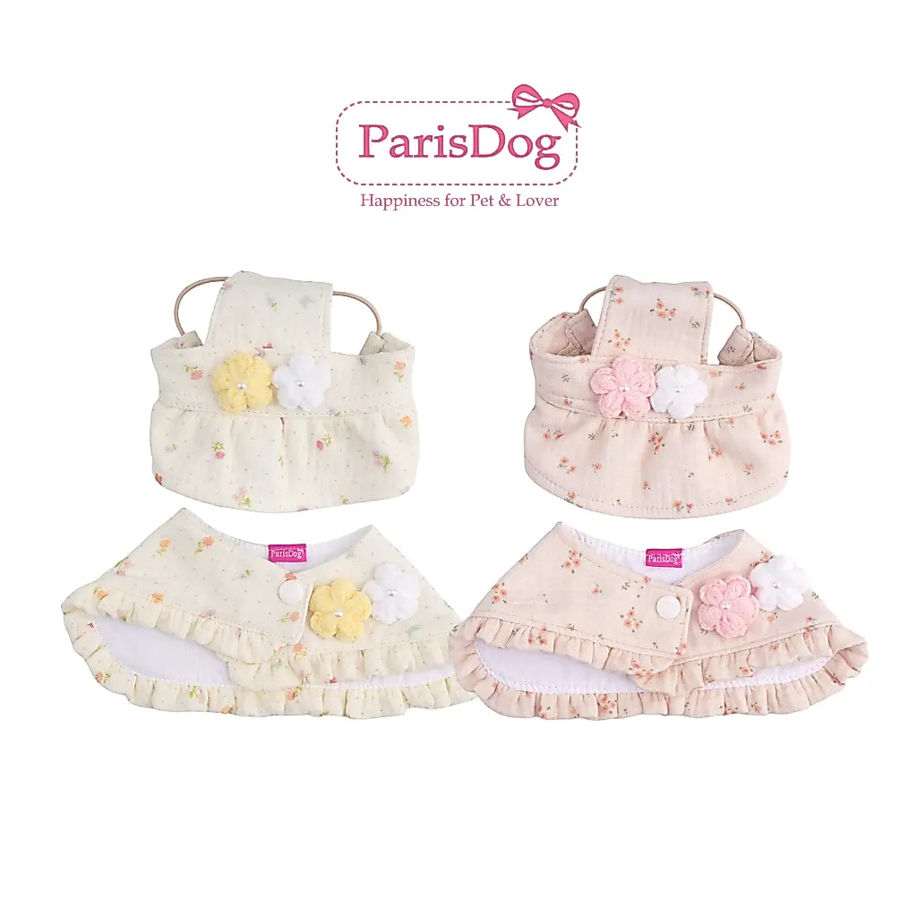 ParisDog floral romantic cape and sun hat set for dogs with fabric flower accents, blush and cream colorway