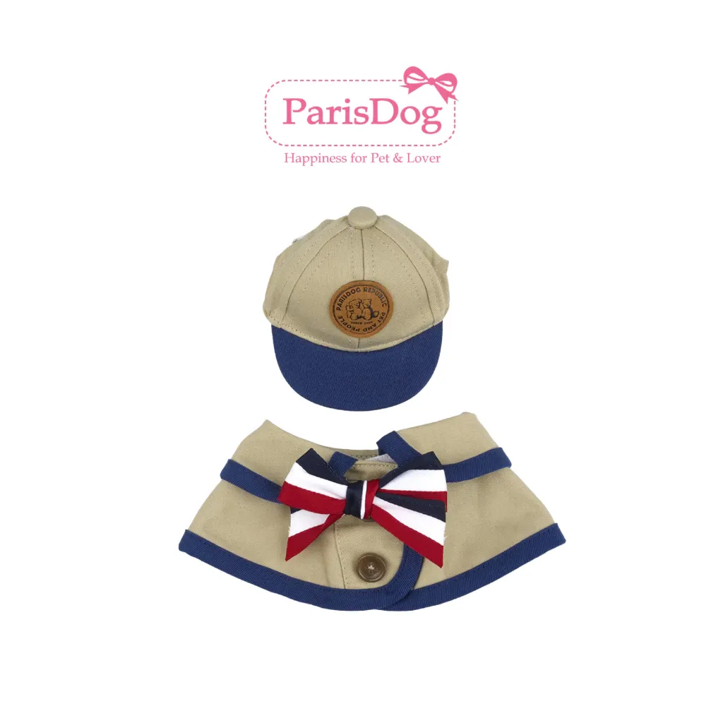 ParisDog trench-style khaki cape and navy ball cap dog costume set, front view