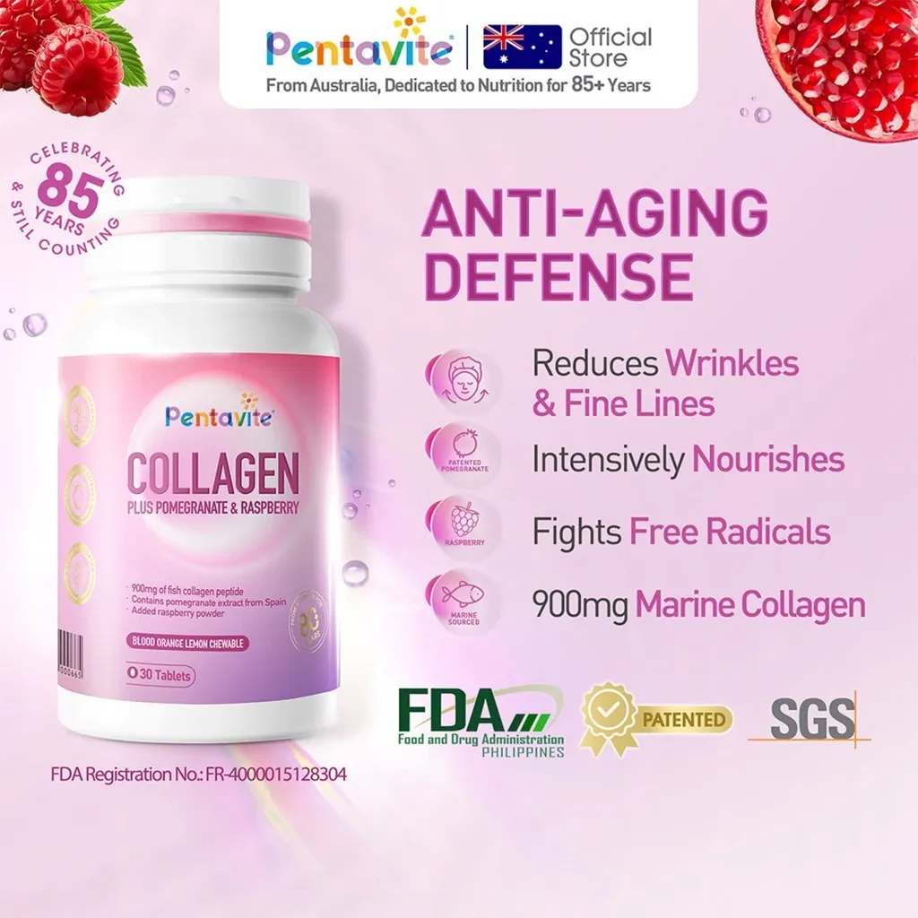Pentavite Collagen chewable tablet bottle with blood orange and pomegranate