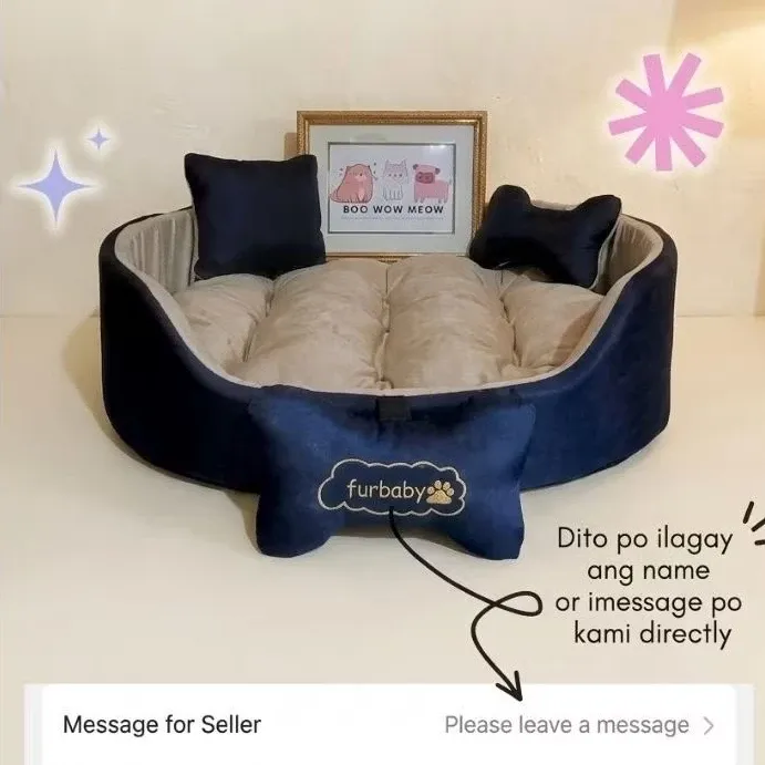 Washable plain colour dog bed with a personalised embroidered pet name and two free pillows