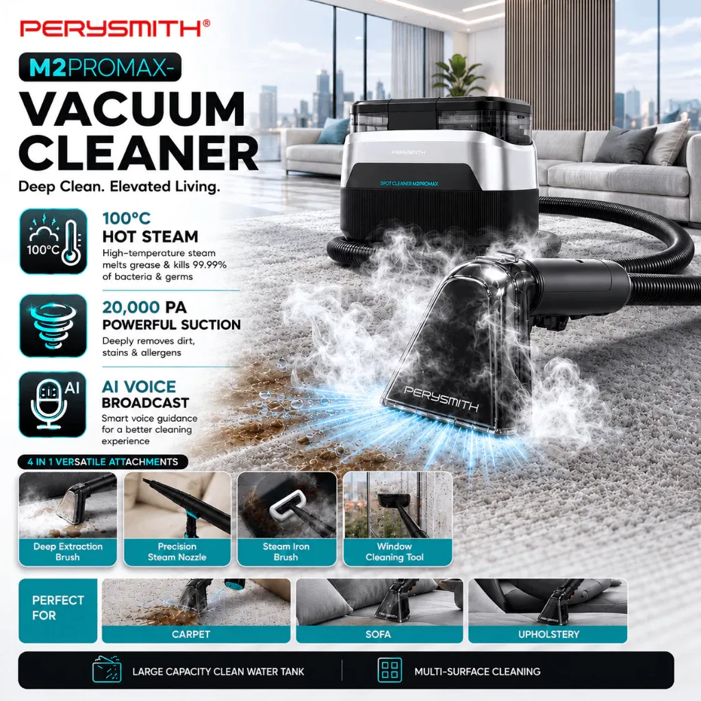 PerySmith M2 Pro Max steam spot cleaner with LED display and dual tanks, front view