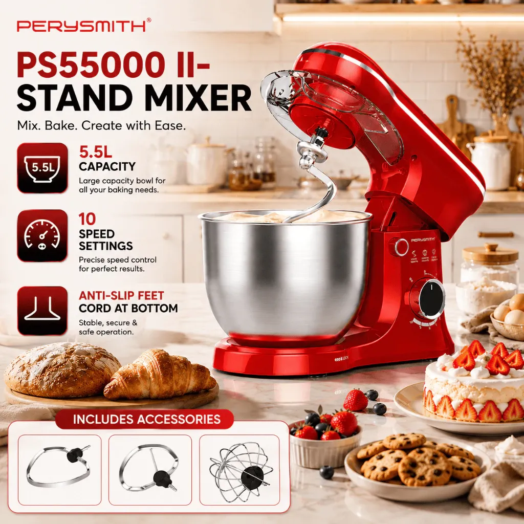 PerySmith PS5500 II 5.5L electric stand mixer with stainless steel bowl