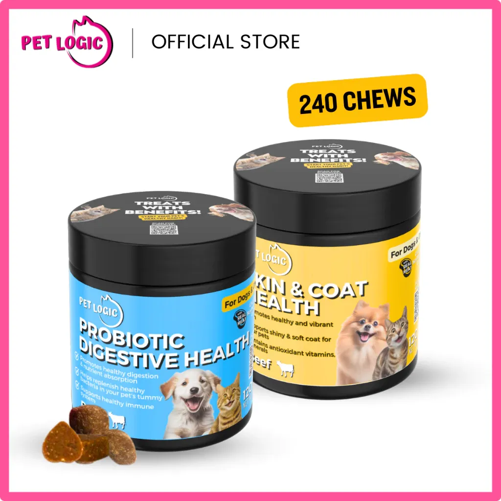 Pet Logic Probiotic Digestive plus Skin and Coat dog and cat treats bundle, two packs front view