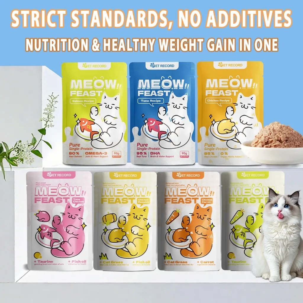 PET RECORD 36 24 12PCS Wet Cat Food Pouch with Omega-3 Hight Nutrition | Gain Weight, Fuller Face