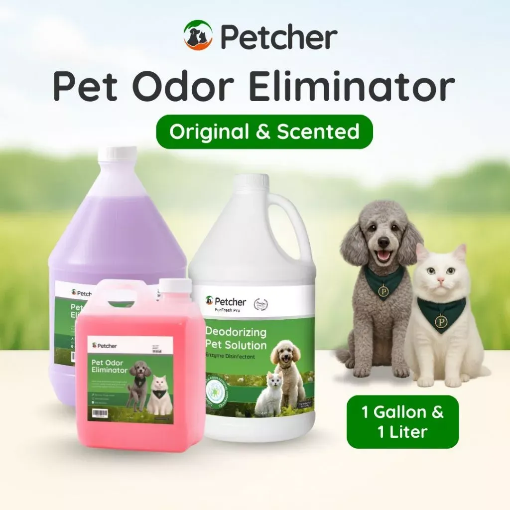 Petcher Pet Odor Eliminator gallon and liter jugs in Original and Scented formulas, enzyme disinfectant solution