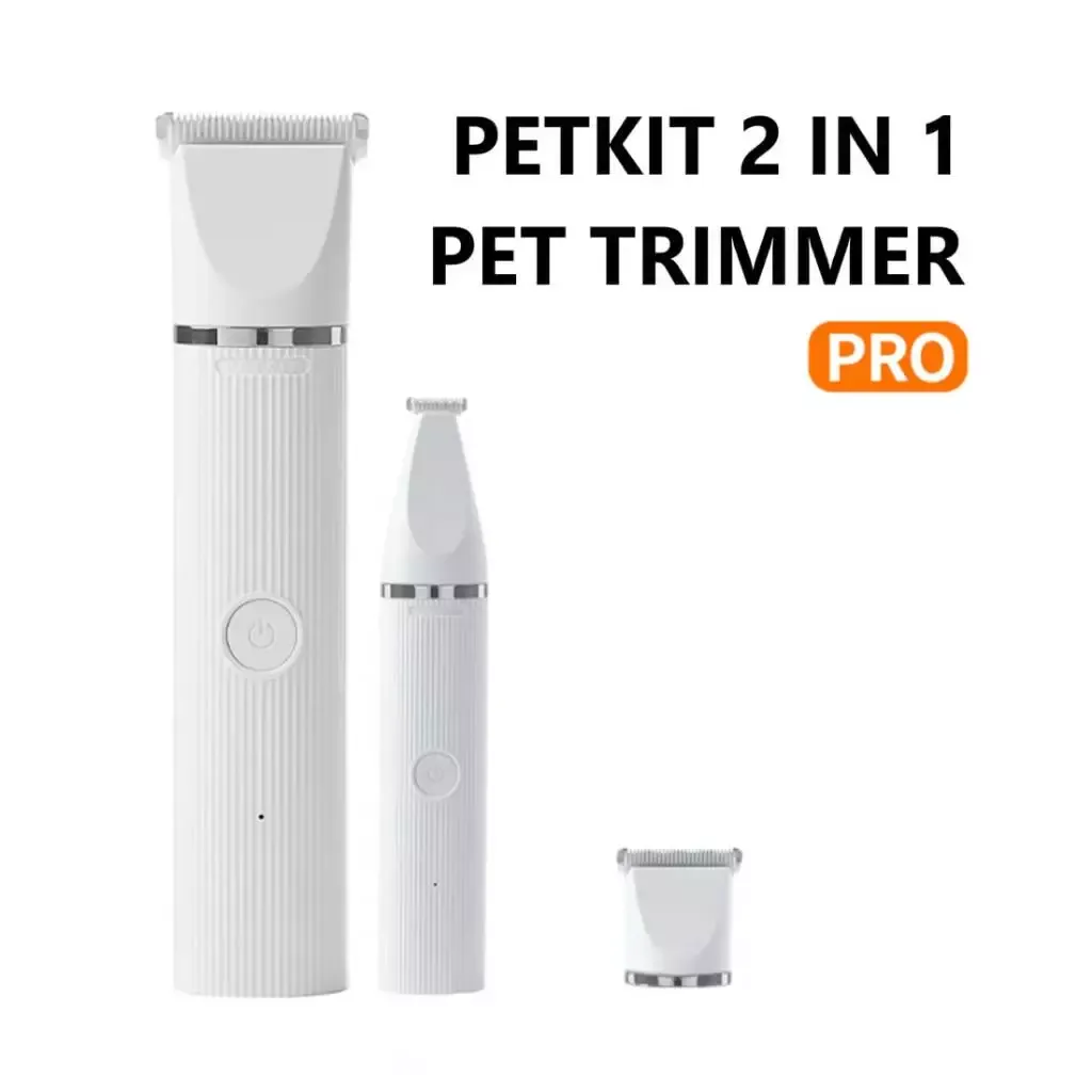 PETKIT 2 in 1 PRO pet trimmer in white with body and paw trimming heads shown alongside