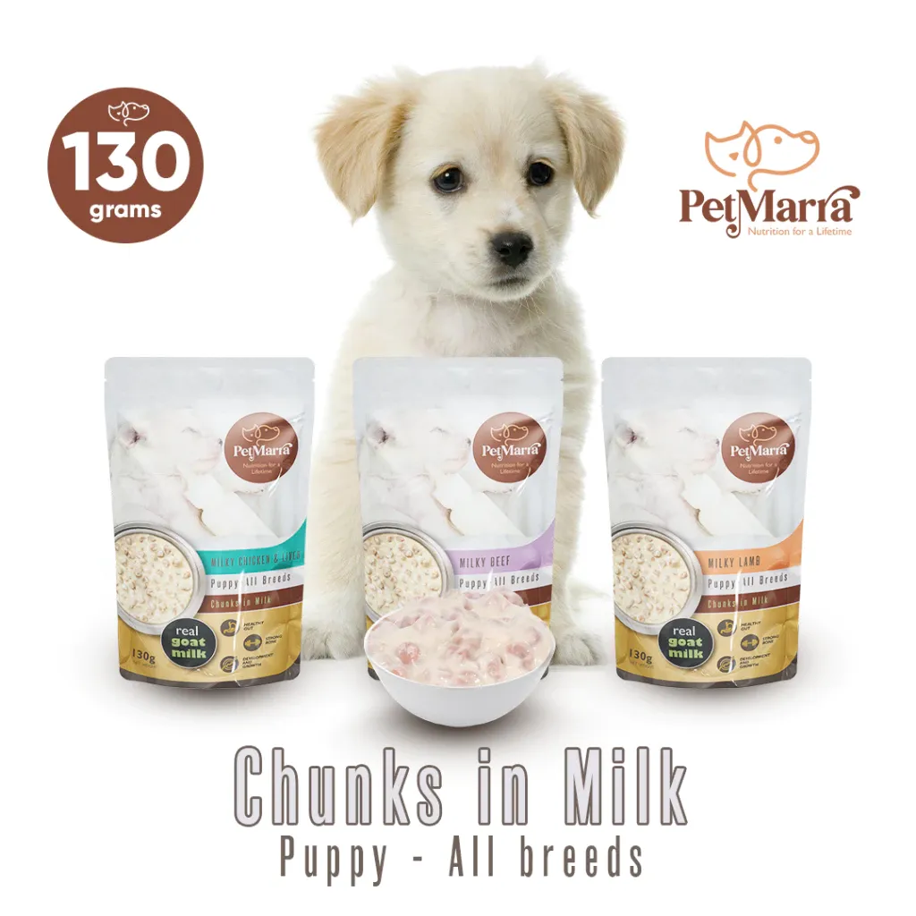 PetMarra Chunks in Milk puppy wet food pouch, beef, lamb, chicken and liver flavors, front of pack
