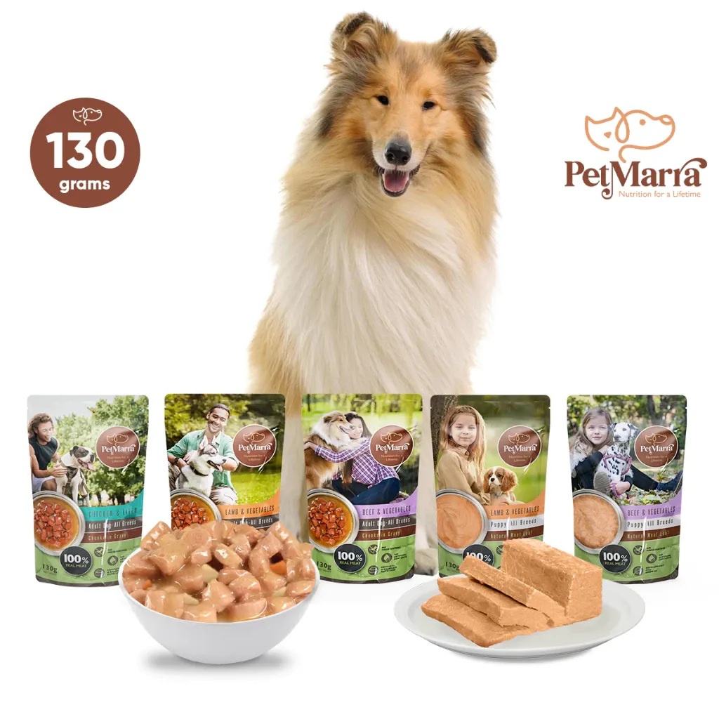 PetMarra Dog Chunks in Gravy Puppy Meat Loaf Wet Food Pouch Beef Lamb Chicken Liver 130g Collection