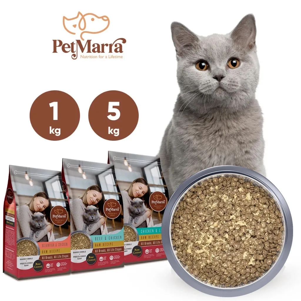 PetMarra Raw Coated Raw Recipe Adult Cat and Kitten Dry Food Beef Chicken Liver 1kg 5kg Collection