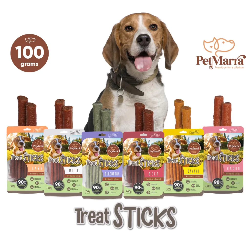 PetMarra Treat Sticks Dog Treats Bacon Beef Lamb Banana Milk Blueberry Flavor 100g Collection