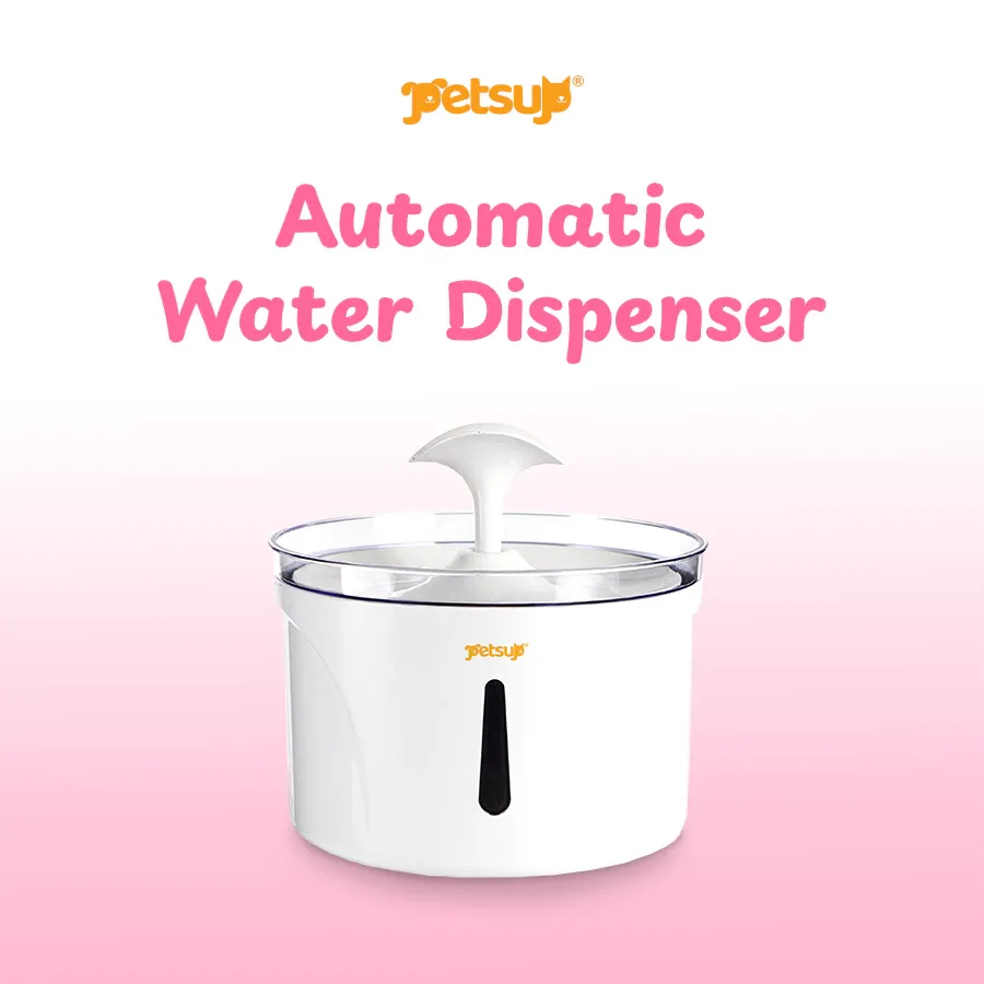 Petsup 2.5L automatic pet water dispenser with stainless steel lid and LED water-level window, front view